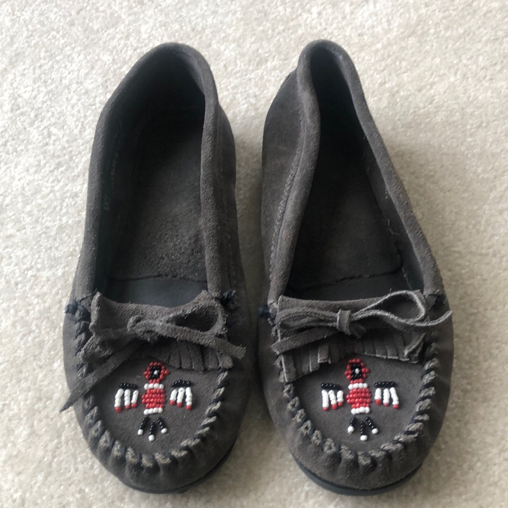 Minnetonka Gray Moccasins with Beaded Design